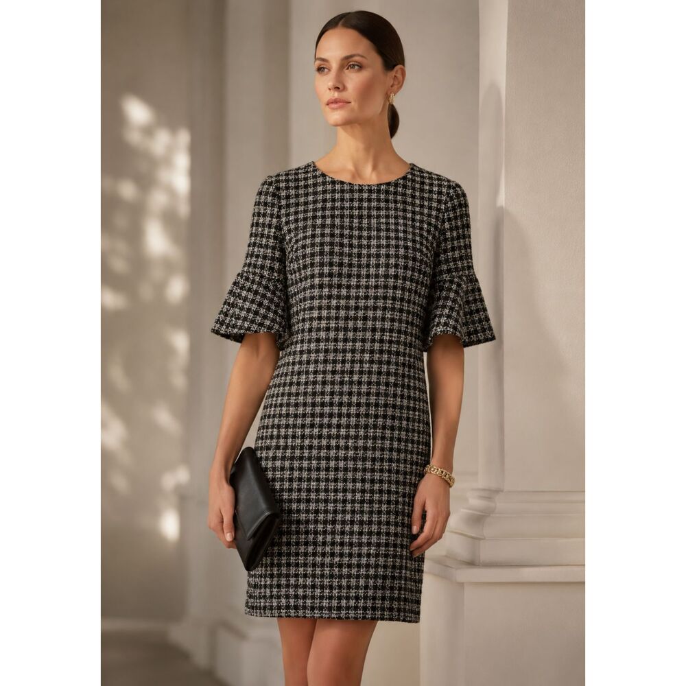 St. John Couture Black Silver Metallic Plaid Tweed Ruffle Bell Sleeve Size 14